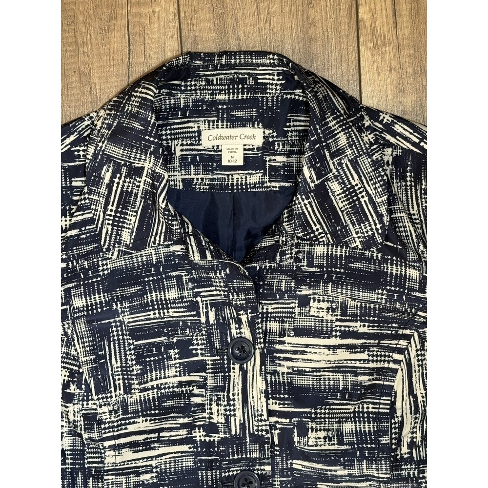 Coldwater Creek Trench Coat Blue/Cream Abstract Belted Mid Length Sz M (10-12) - Picture 6 of 16